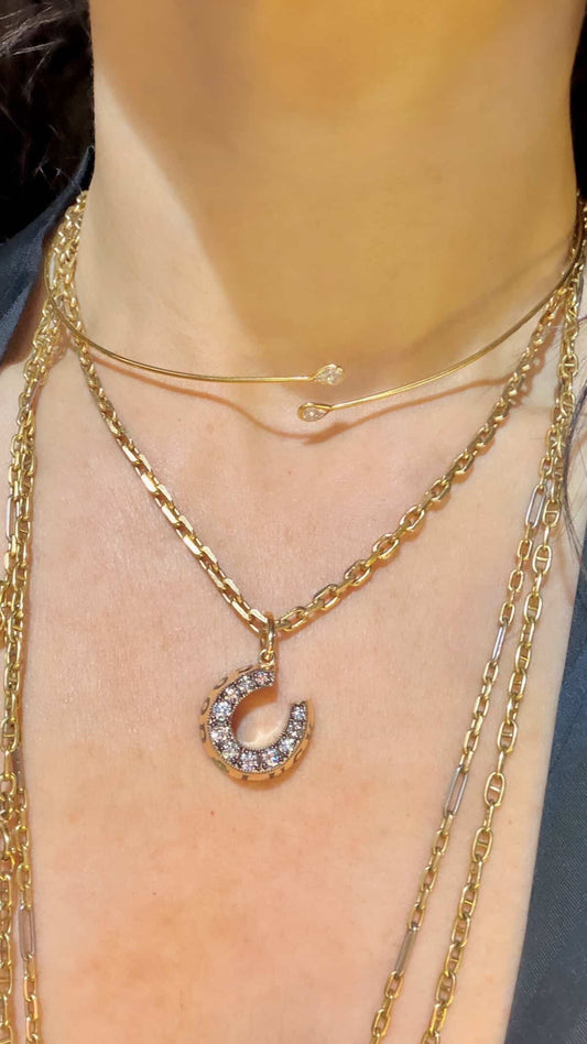 Vintage yellow 18K Tiffany and Co Elsa Peretti wire collar necklace with pear cut bezel set diamonds