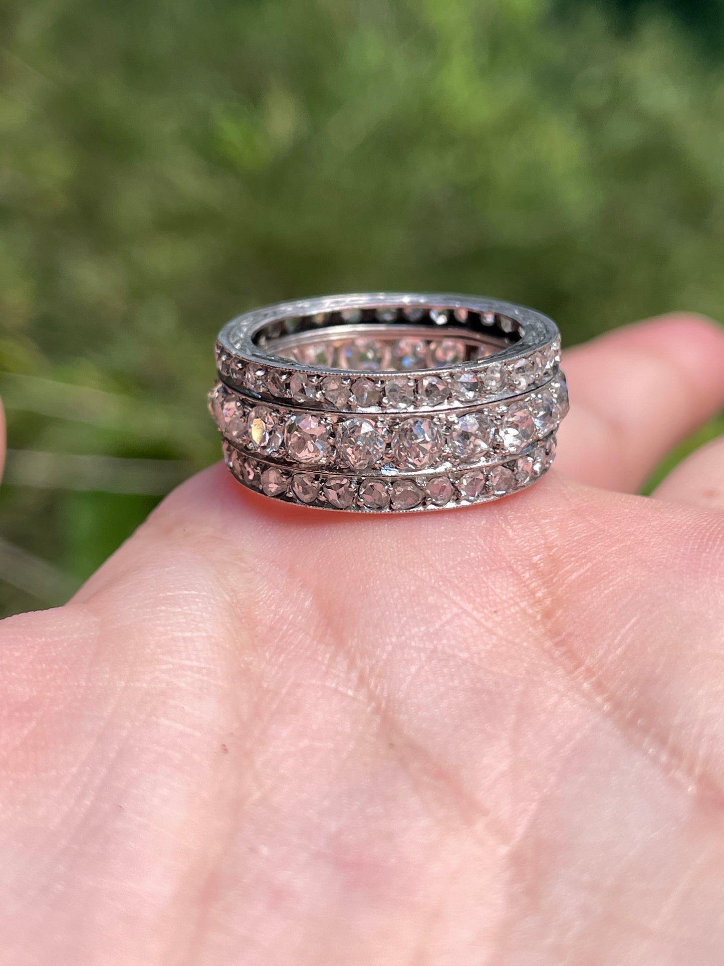 Antique platinum approx 3.5 ctw old mine, old cut and rose cut diamond eternity ring, size 7
