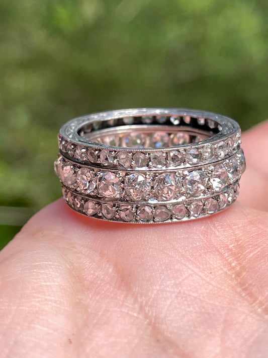 Antique platinum approx 3.5 ctw old mine, old cut and rose cut diamond eternity ring, size 7