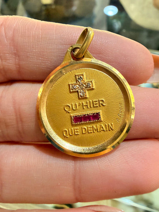 Vintage 18K Augis French signed love token pendant with rubies and diamonds