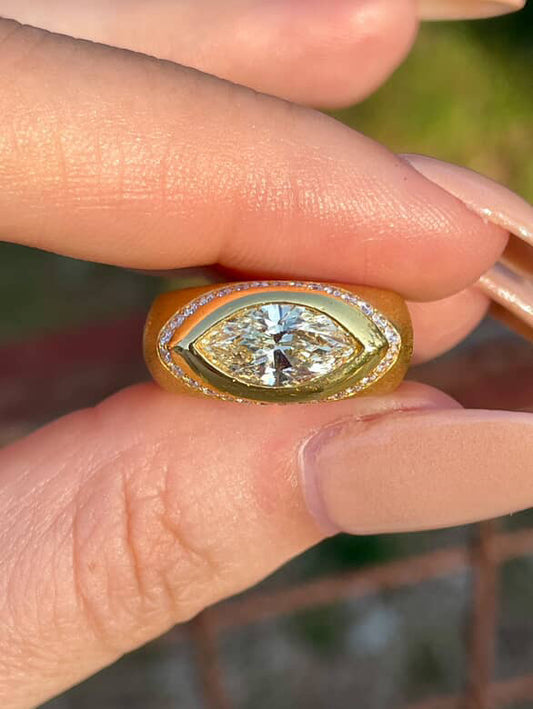 [PRIVATE] Vintage yellow 18K approx 1.65ctw yellow marquise diamond east west ring with Euro shank, size 5.5