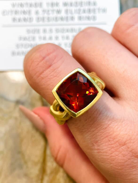 [PRIVATE] Vintage yellow 18K approx 6.7 ctw orange citrine Elizabeth Rand ring, size 8.5