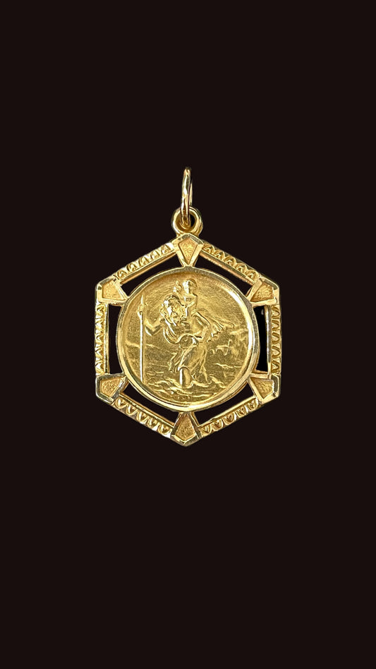 Vintage yellow 14K gold Saint Christopher hexagonal frame charm