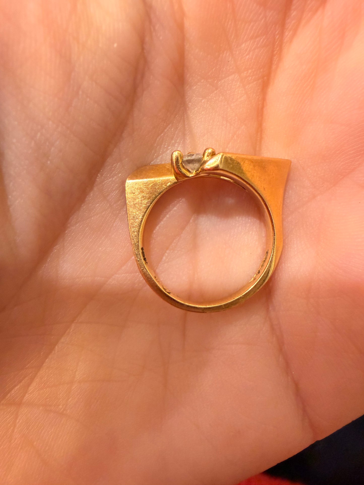 Vintage yellow 18K gold angled ring with diamond, circa 1970's, size 5