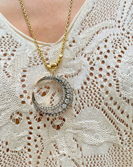 Antique yellow 18K gold and silver paste crescent moon pendant