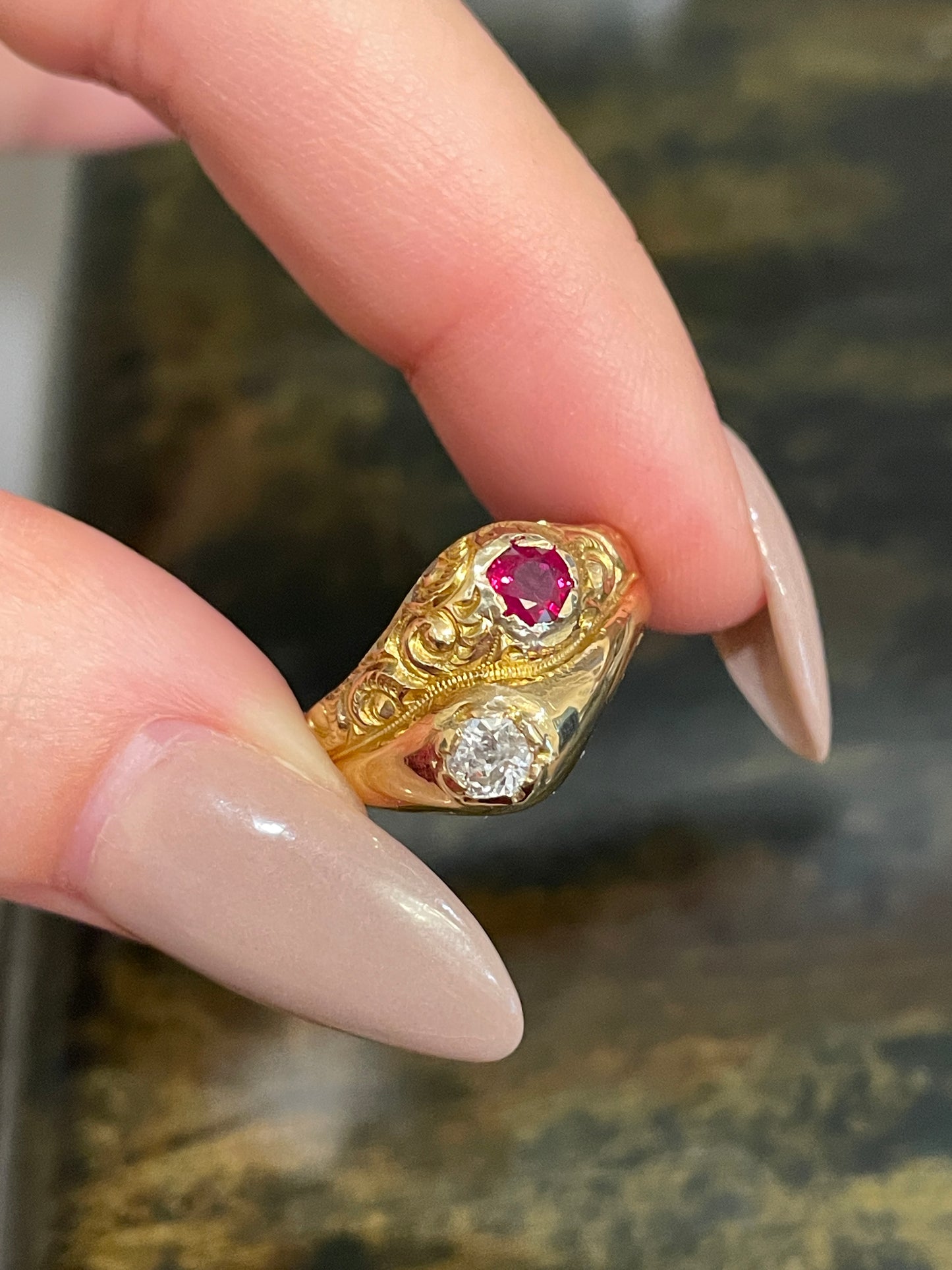 Antique 14K toi et moi with .15 ctw ruby and .25 ctw old mine cut diamond, size 6