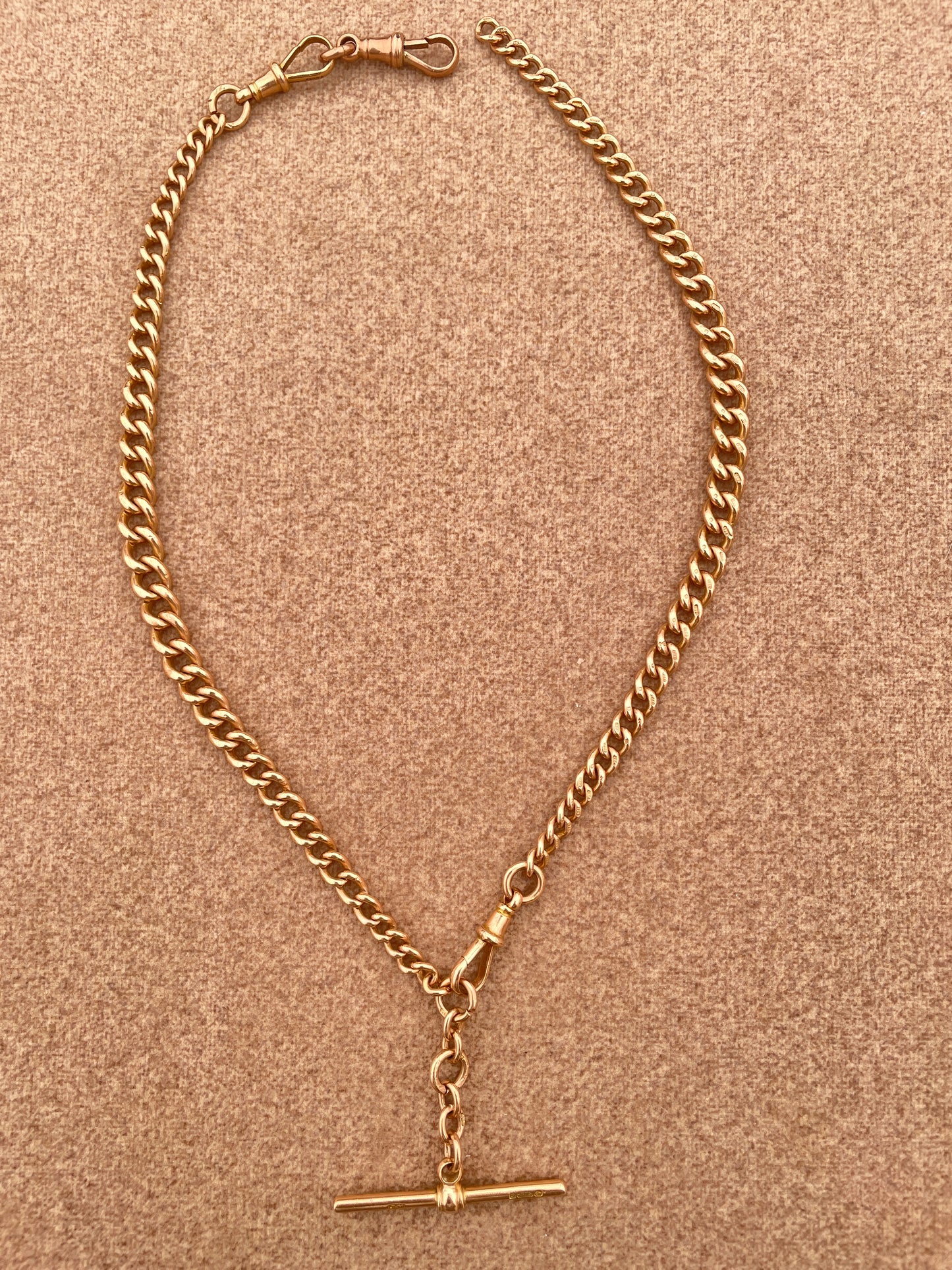 [PRIVATE] Antique yellow 9K watch chain with 3 dog clips and T bar, 17 inch