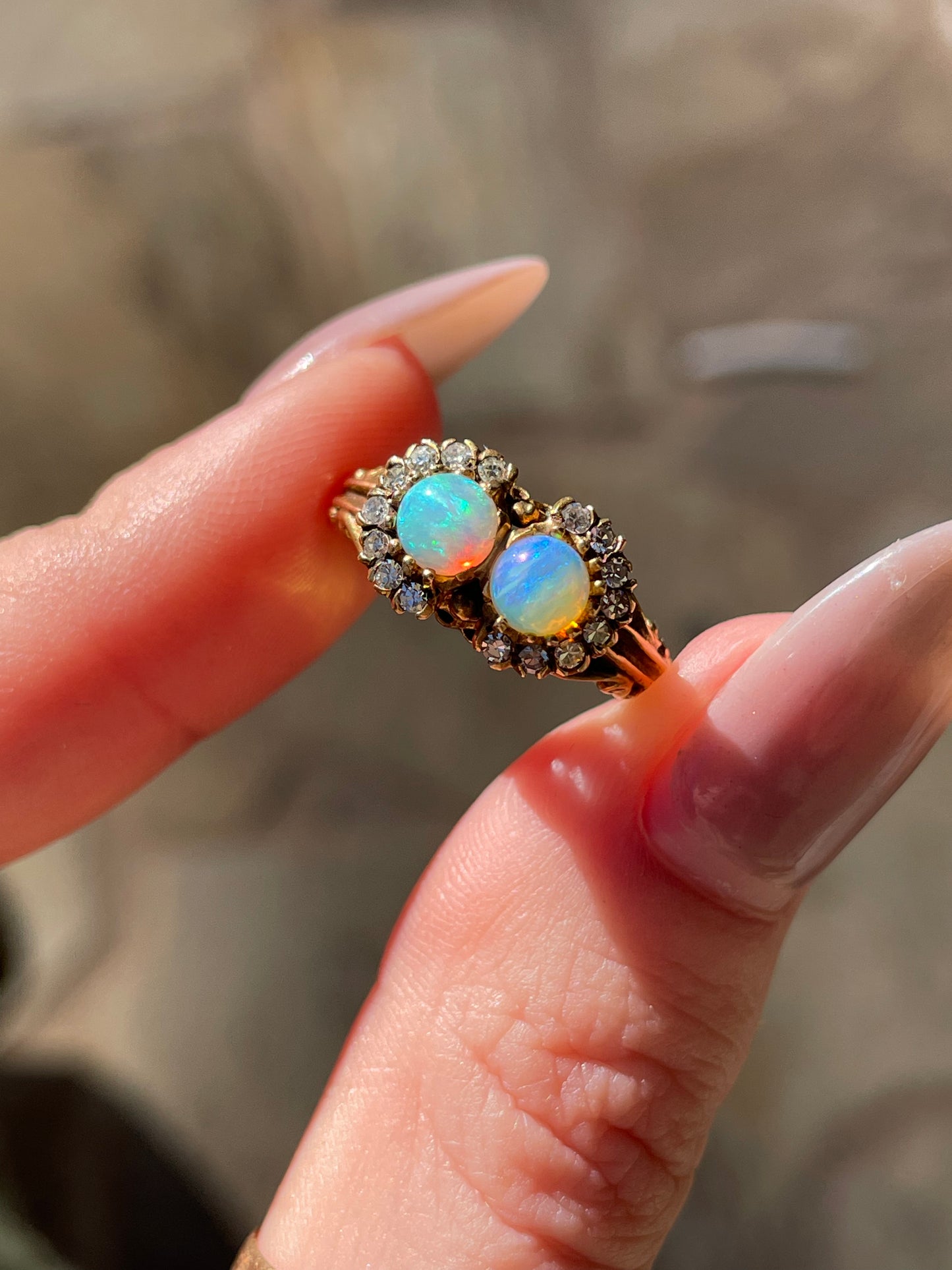 Art Nouveau 14K Opal Ring with Diamond Halos