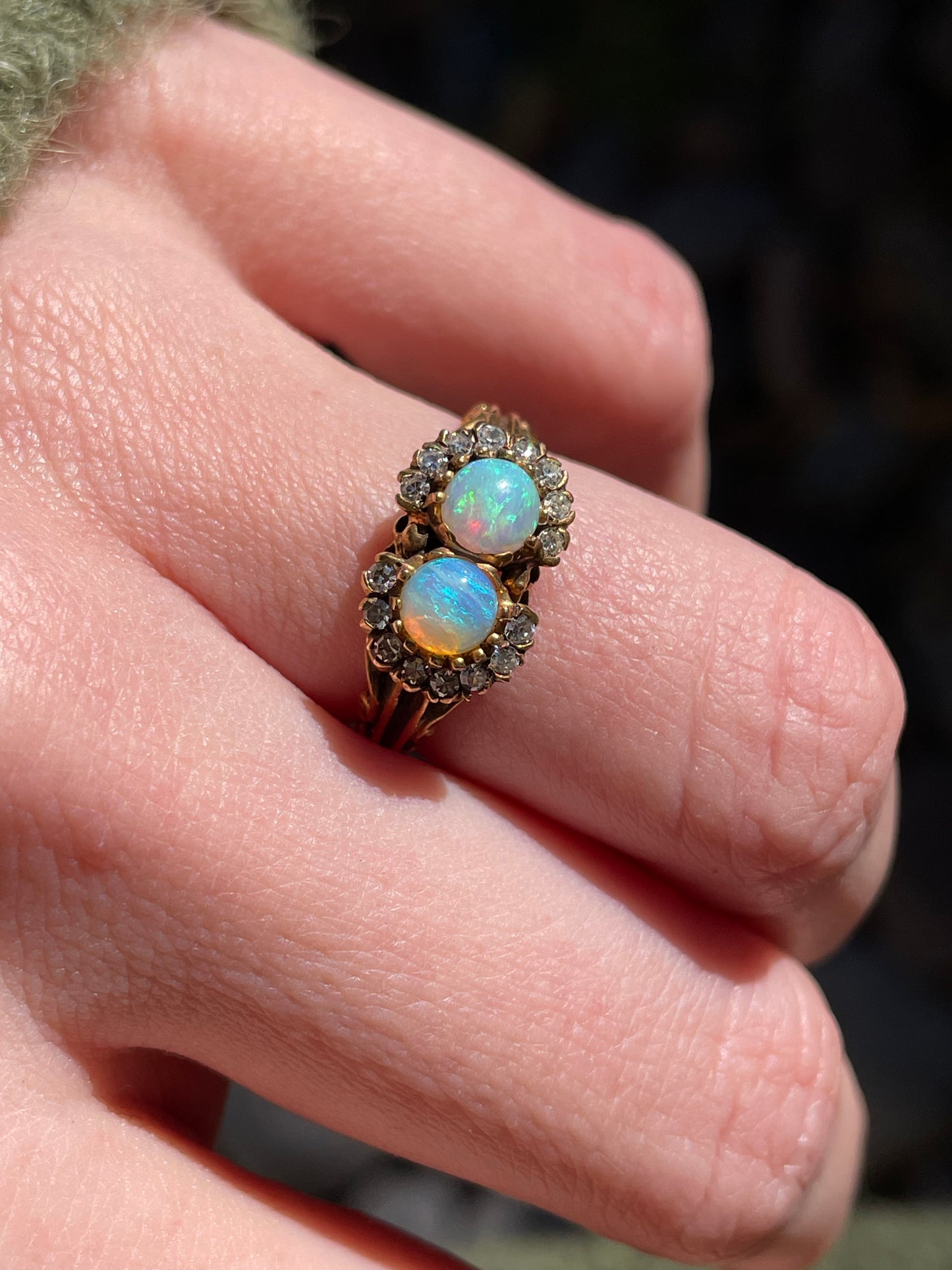 Art Nouveau 14K Opal Ring with Diamond Halos