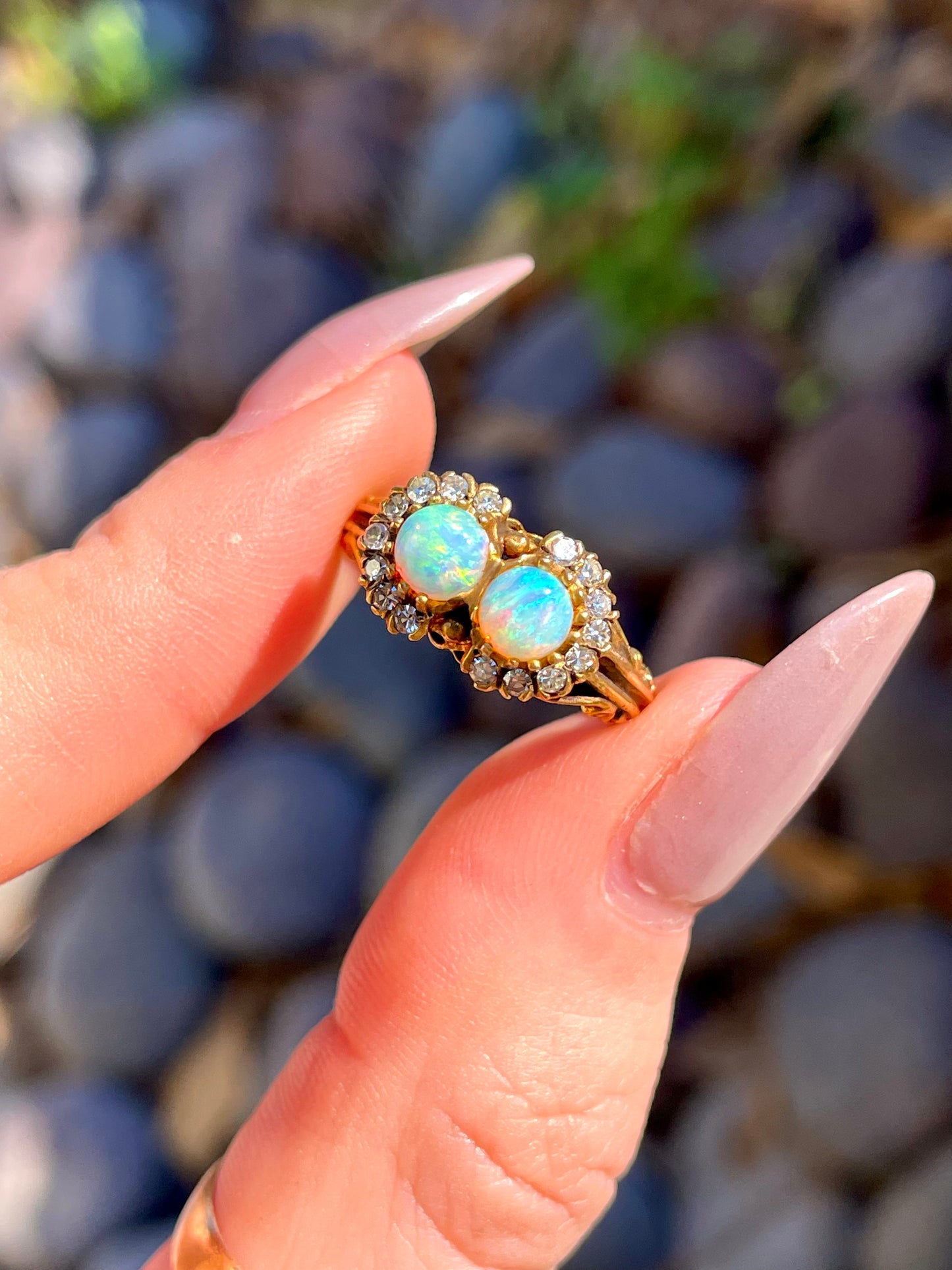 Art Nouveau 14K Opal Ring with Diamond Halos