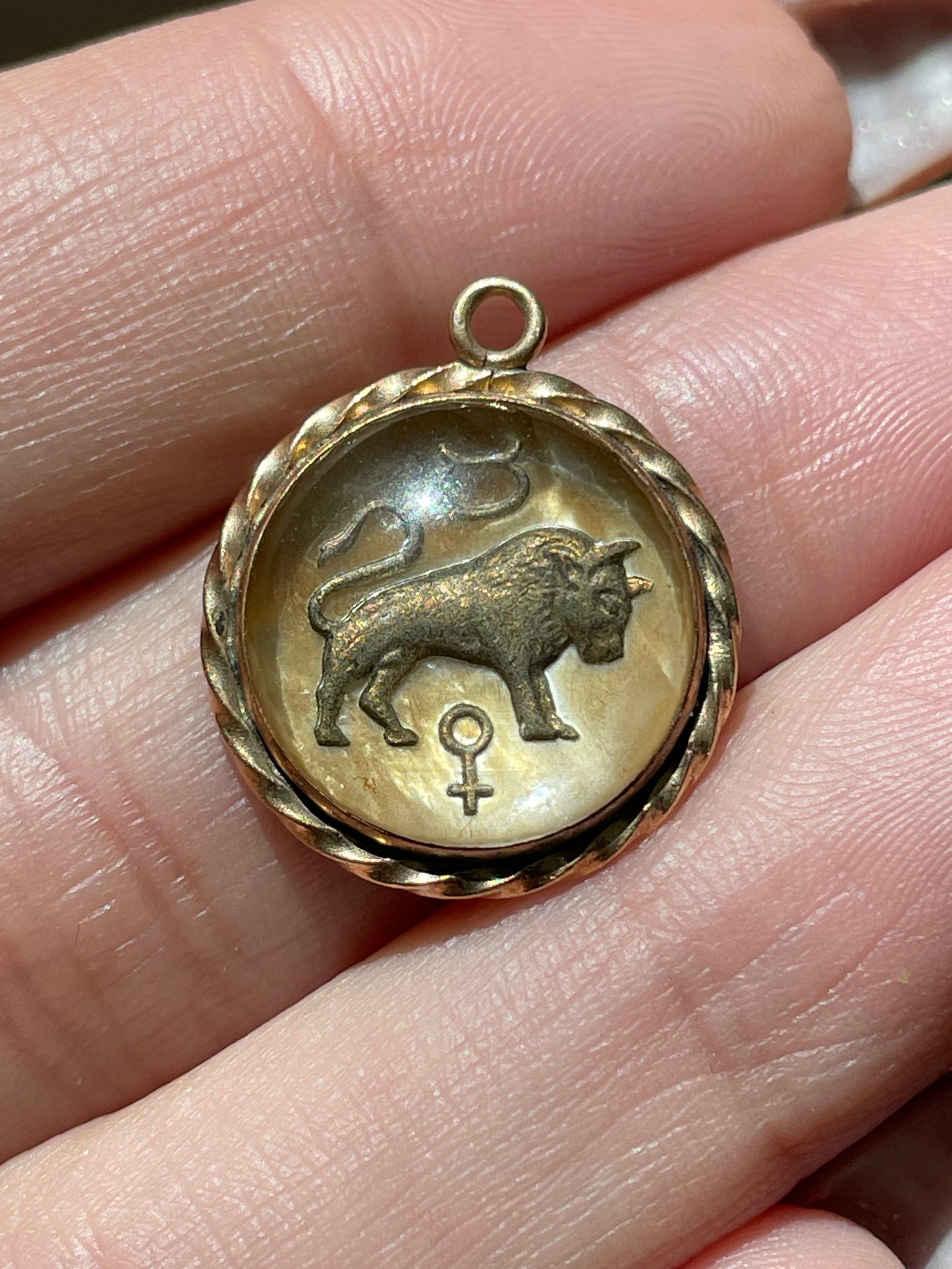 Vintage yellow 14K gold reverse crystal Taurus charm