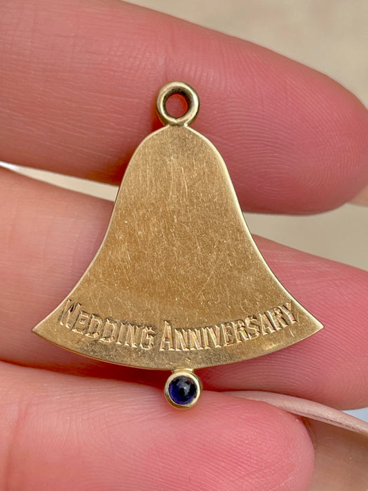 Vintage yellow 14K Wedding anniversary bell pendant with sapphire cabochon