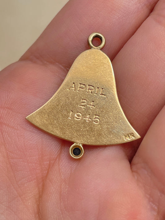 Vintage yellow 14K Wedding anniversary bell pendant with sapphire cabochon