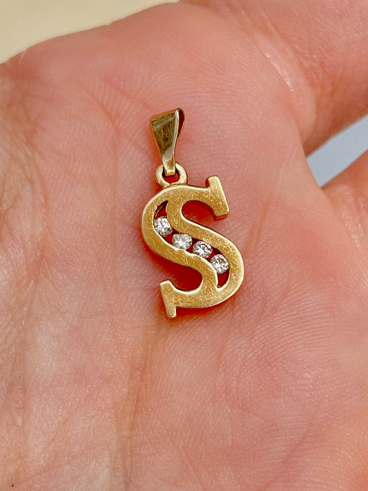 Vintage yellow 14K letter S charm with .06 ctw diamonds