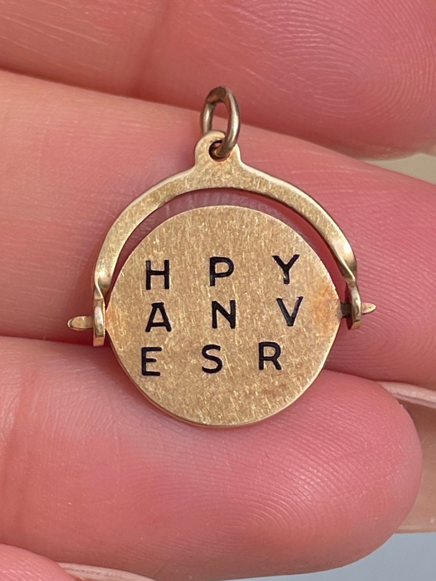 Vintage yellow 14K blue enamel Happy Anniversary spinner charm