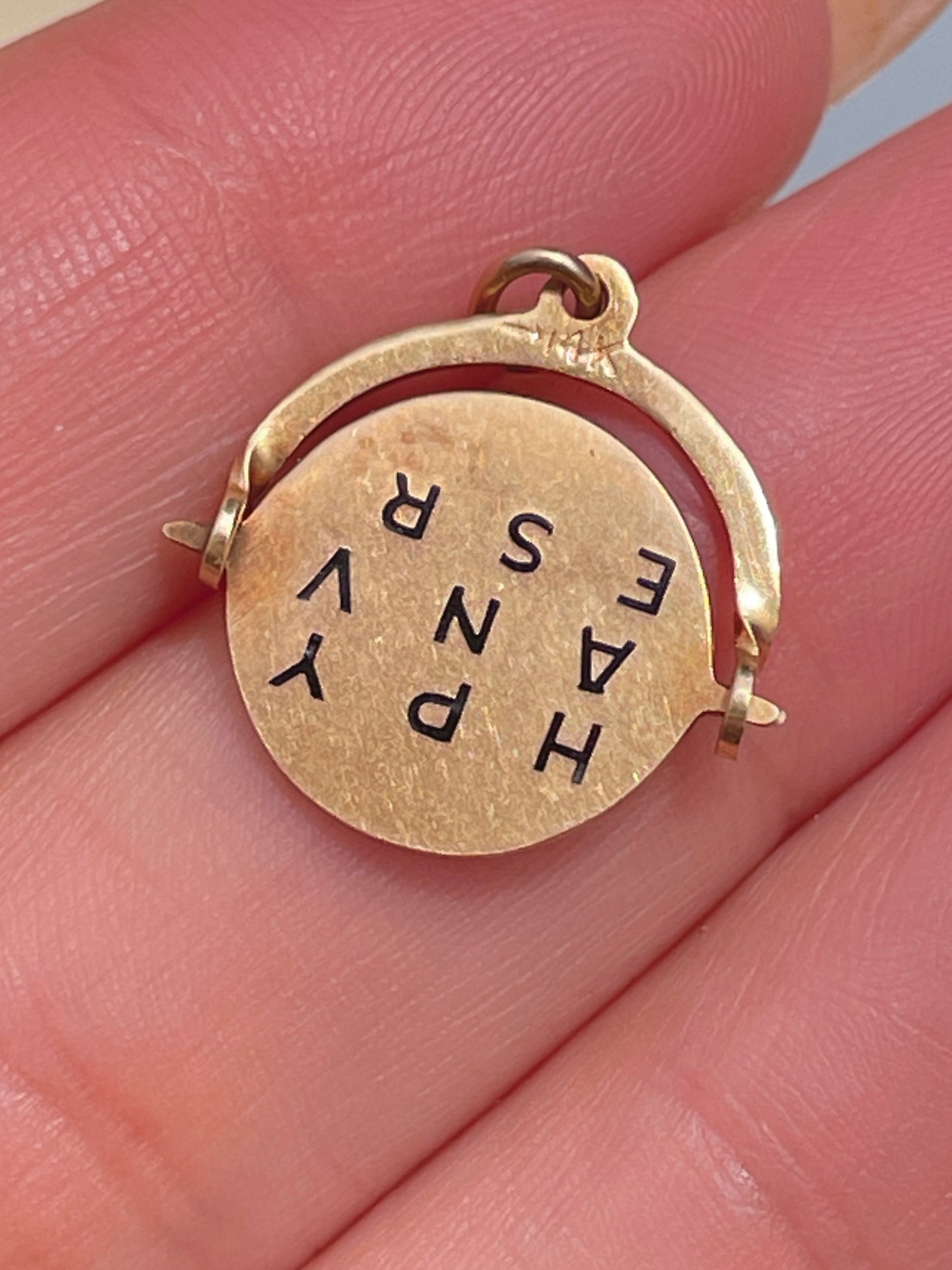 Vintage yellow 14K blue enamel Happy Anniversary spinner charm