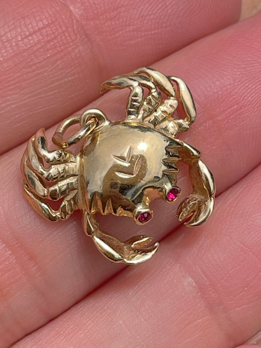 Vintage yellow 14K crab pendant with ruby eyes