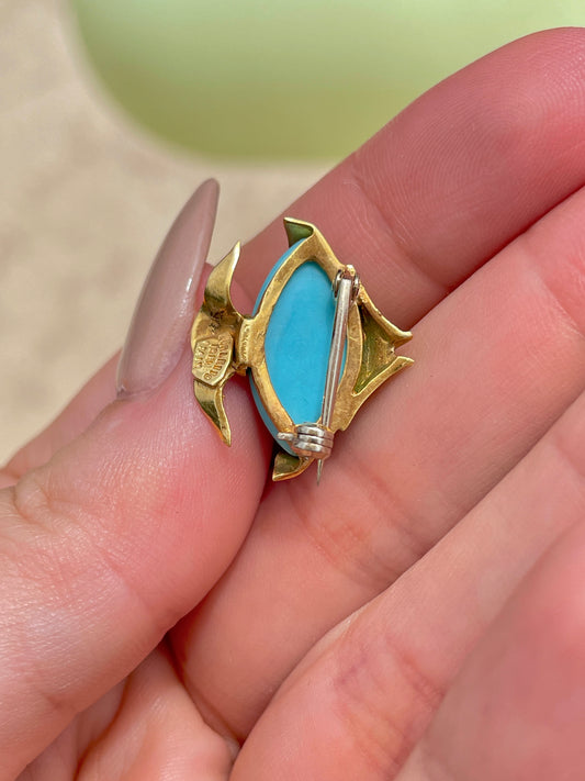 Vintage yellow 18K turquoise fish pin by Corletto designer