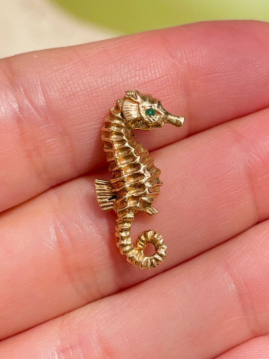 Vintage yellow 14K textured seahorse with green stone eyes