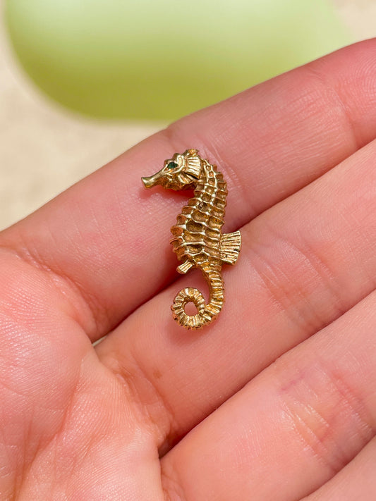 Vintage yellow 14K textured seahorse with green stone eyes