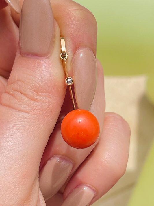 Vintage yellow 18K gold coral ball and rose cut diamond pendant