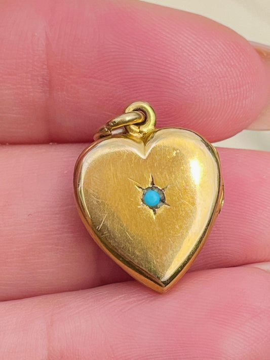 Antique yellow 14K heart locket with turquoise cabochon