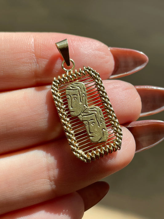 Vintage yellow 14K Gemini open work tag style pendant