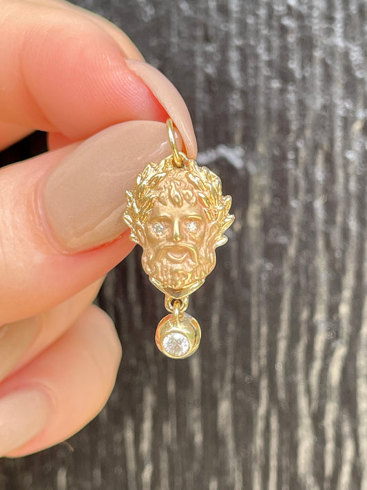 Vintage yellow 14K Zeus pendant with diamond eyes and dangling .07 ctw diamond bubble