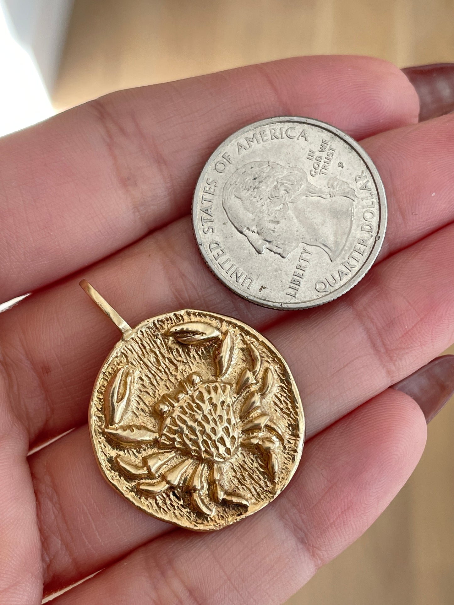 Vintage yellow 14K textured Cancer statement medallion pendant