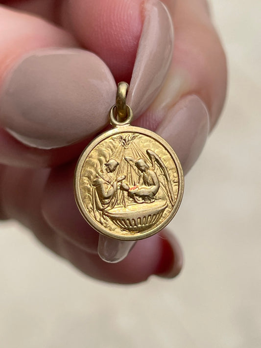 Vintage yellow 18K Baptism mini medal charm