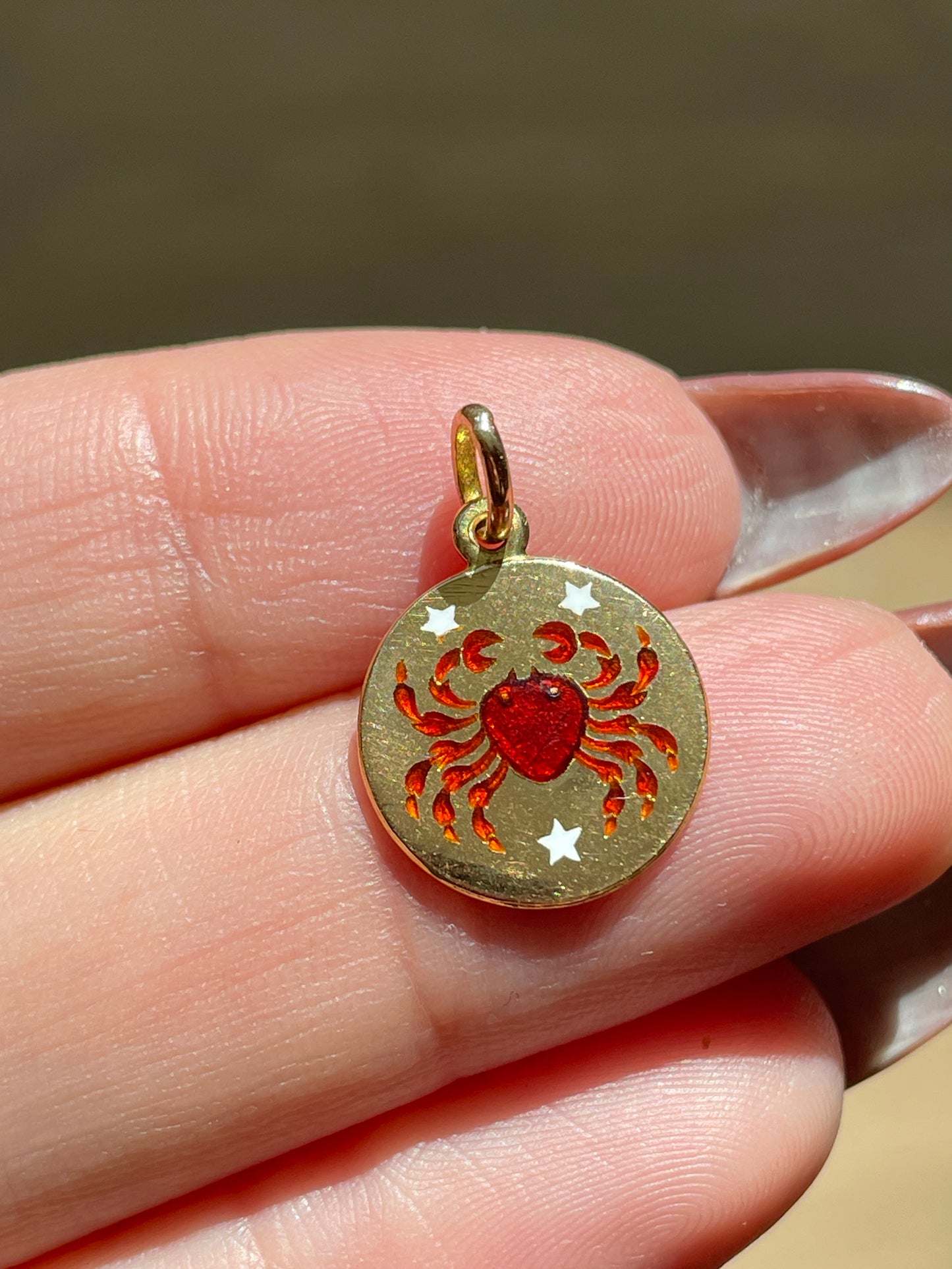 Vintage yellow 18K small red and white enamel Cancer charm