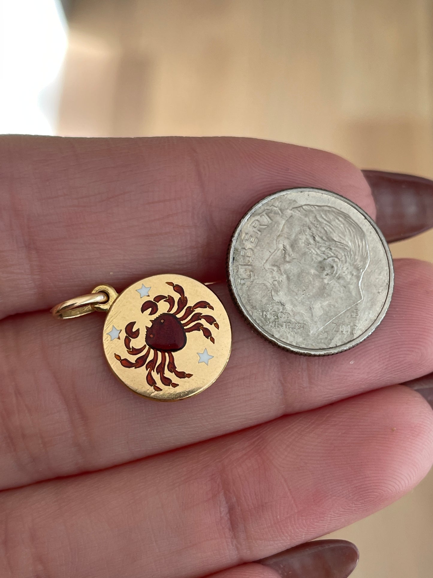 Vintage yellow 18K small red and white enamel Cancer charm