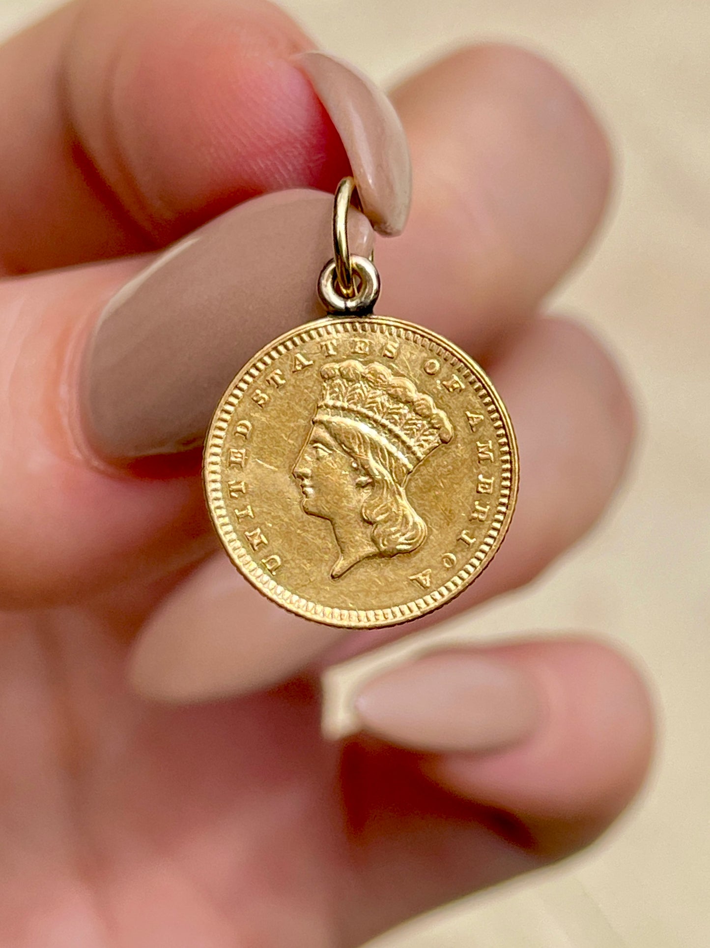 Antique yellow 22K US coin hand engraved birth token pendant circa 1890