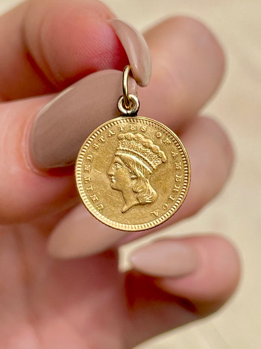 Antique yellow 22K US coin hand engraved birth token pendant circa 1890