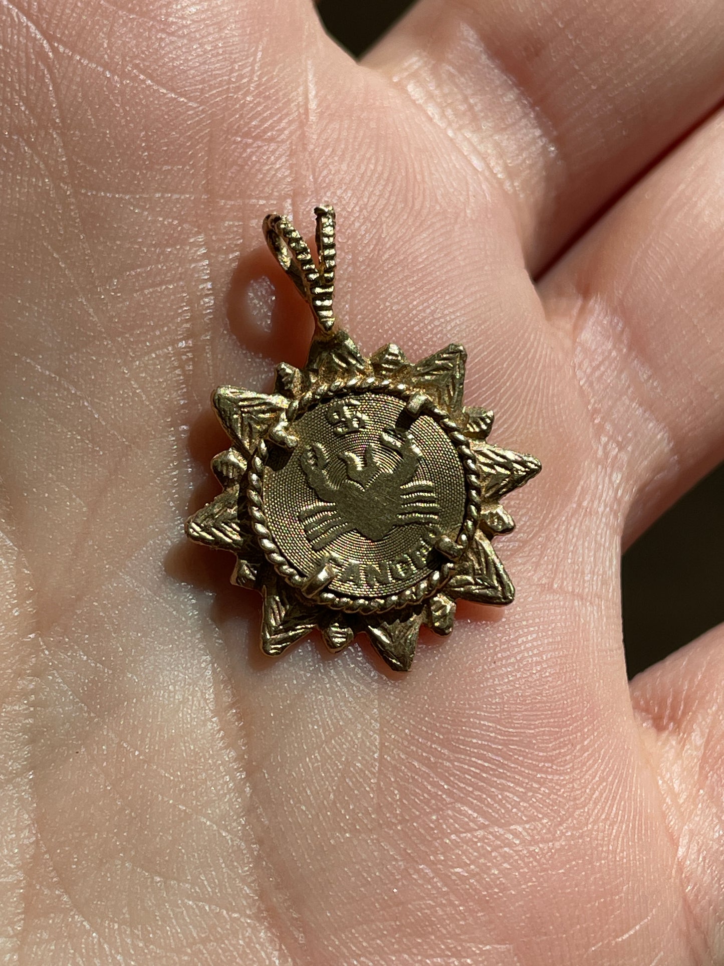 Vintage yellow 14K textured Cancer sun frame charm