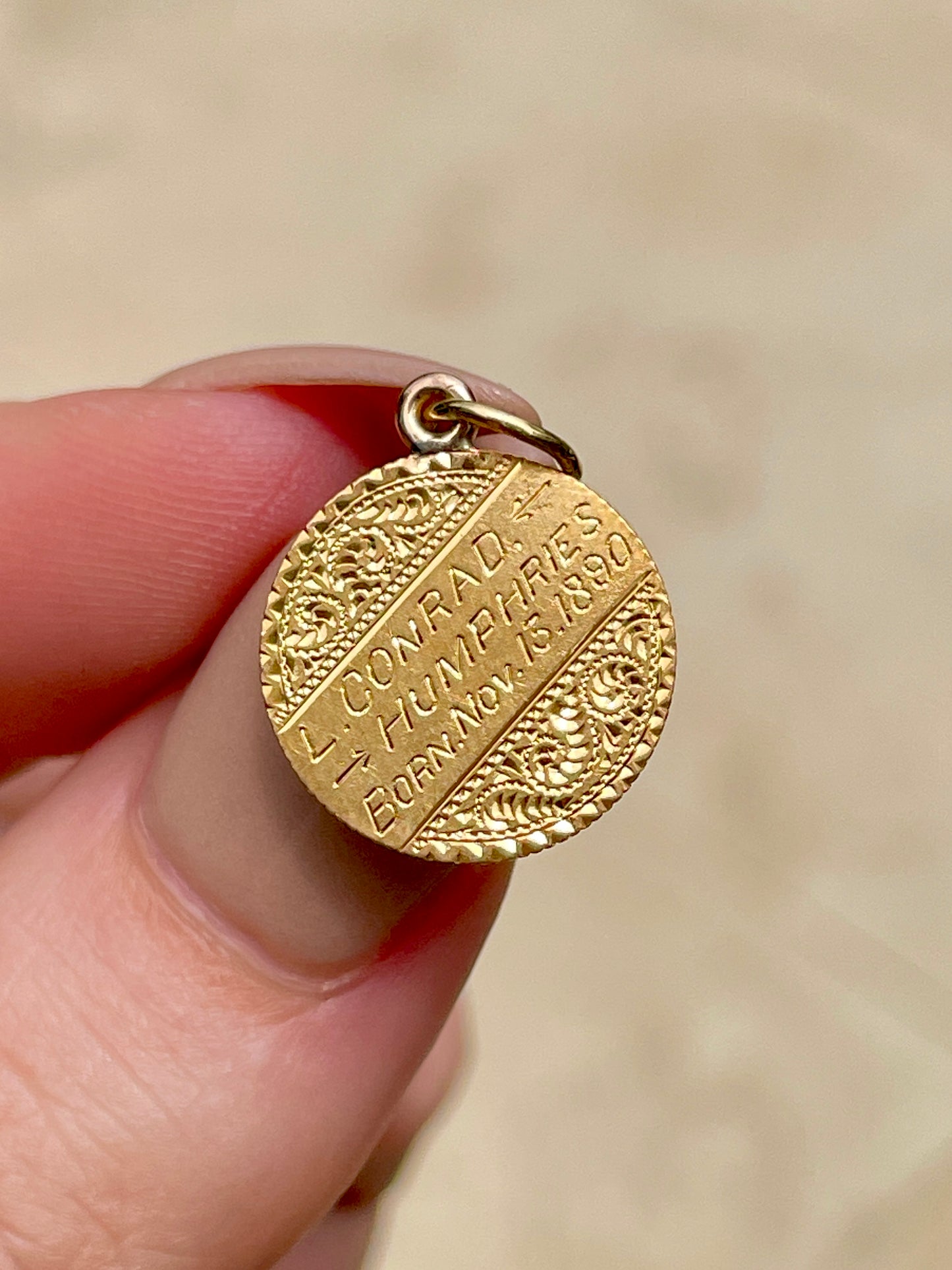 Antique yellow 22K US coin hand engraved birth token pendant circa 1890