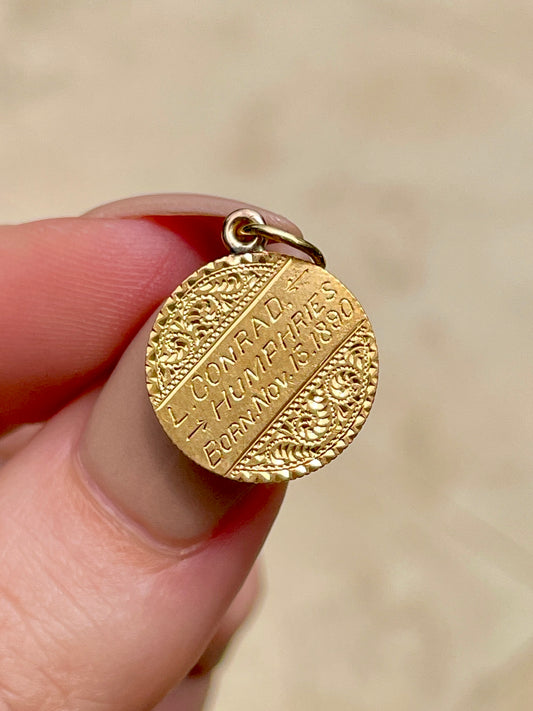 Antique yellow 22K US coin hand engraved birth token pendant circa 1890