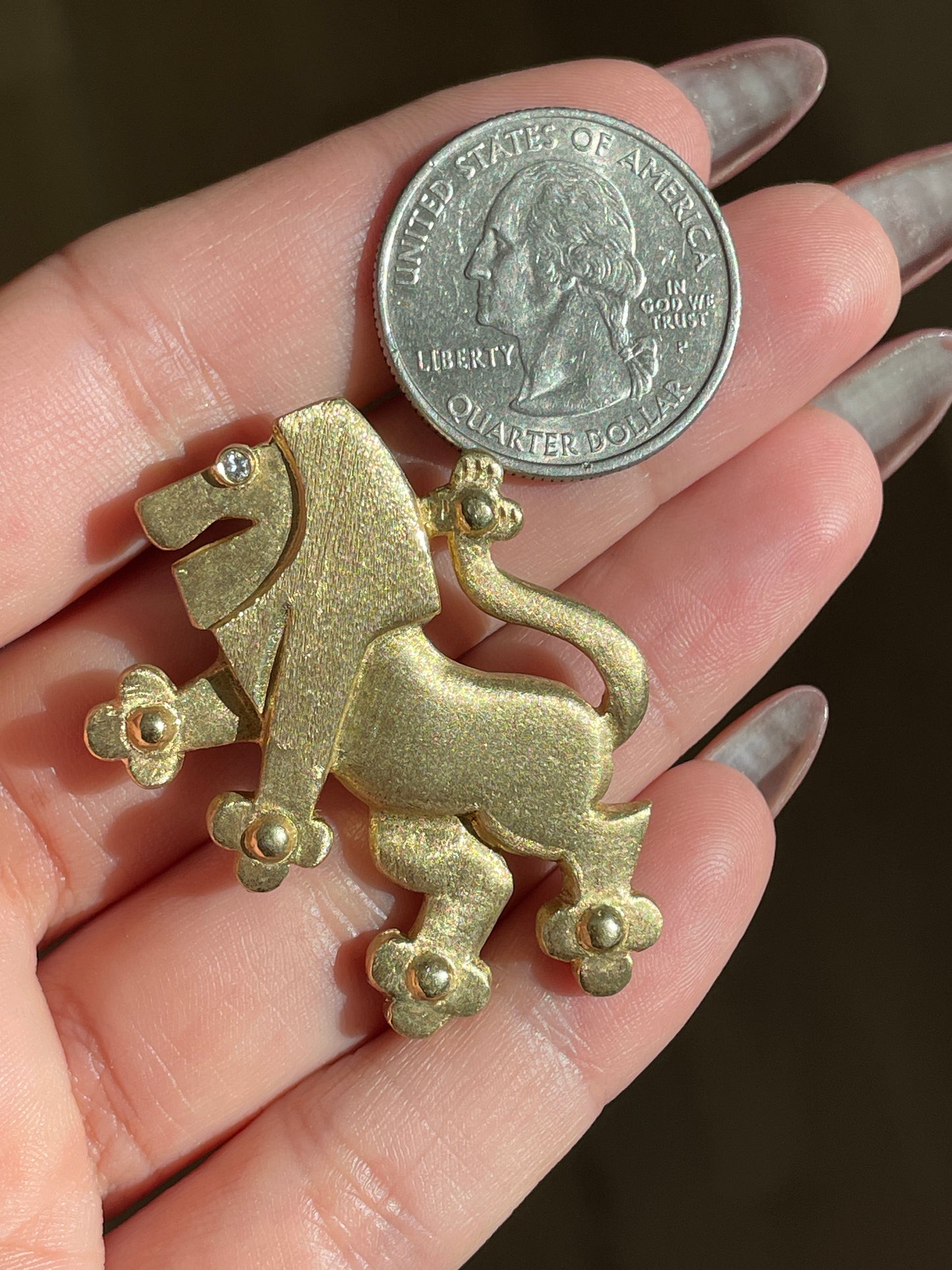 Vintage yellow 14K large standing Lion statement pendant/pin with diamond eye