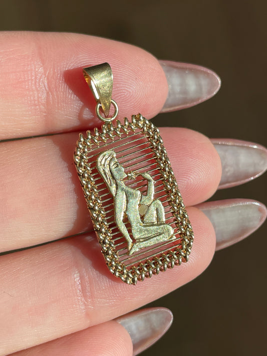 Vintage yellow 14K Virgo open work tag style pendant