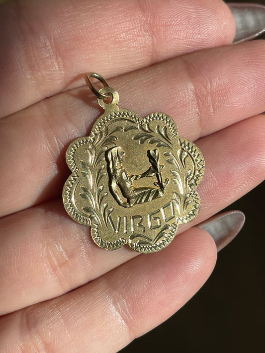 Vintage yellow 14K etched Virgo statement medallion pendant