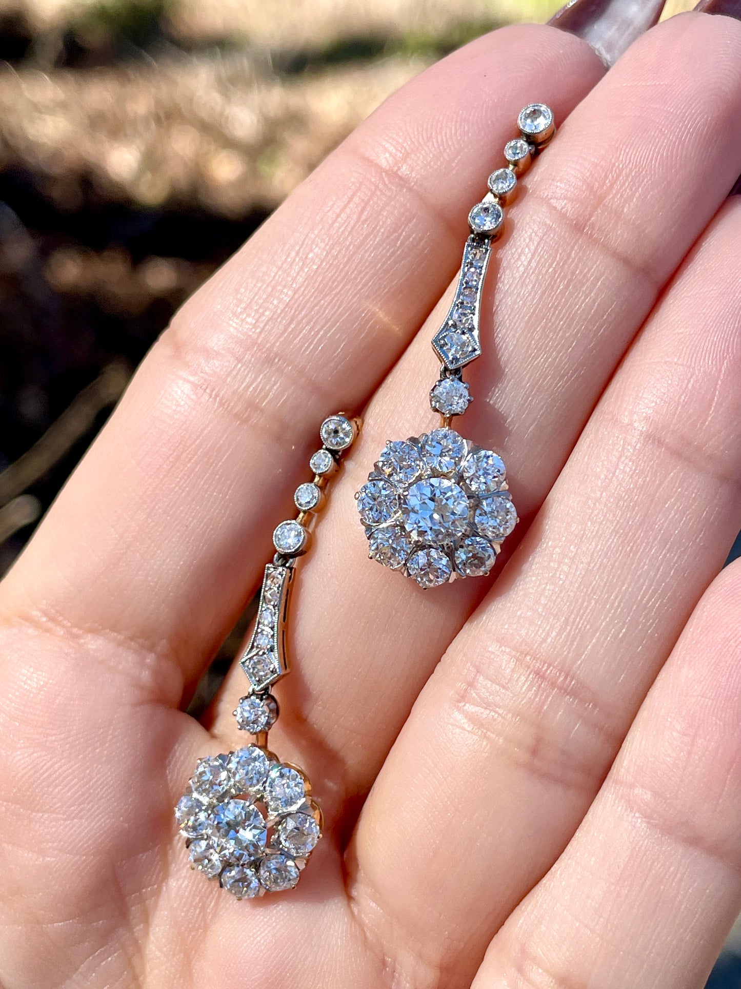 Antique Platinum and 18K gold over 4 ctw old cut diamond cluster drop earrings