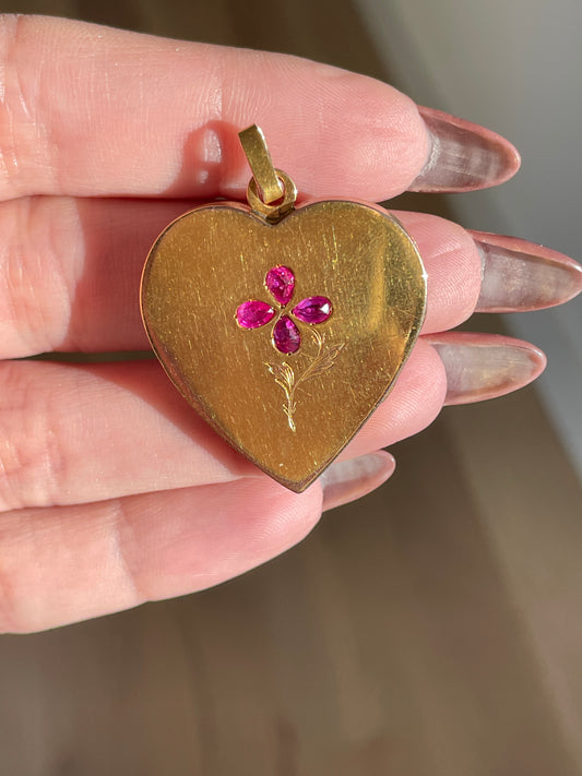 Antique yellow 18K gold locket with approx .42 ctw natural ruby with floral engraving