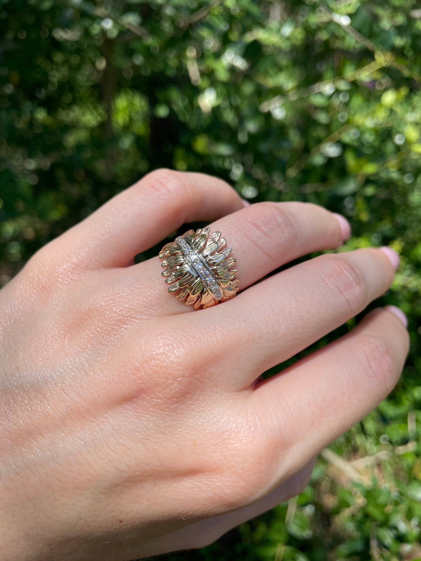 Vintage yellow and white 14K feathers motif ring with diamonds, size 5.5