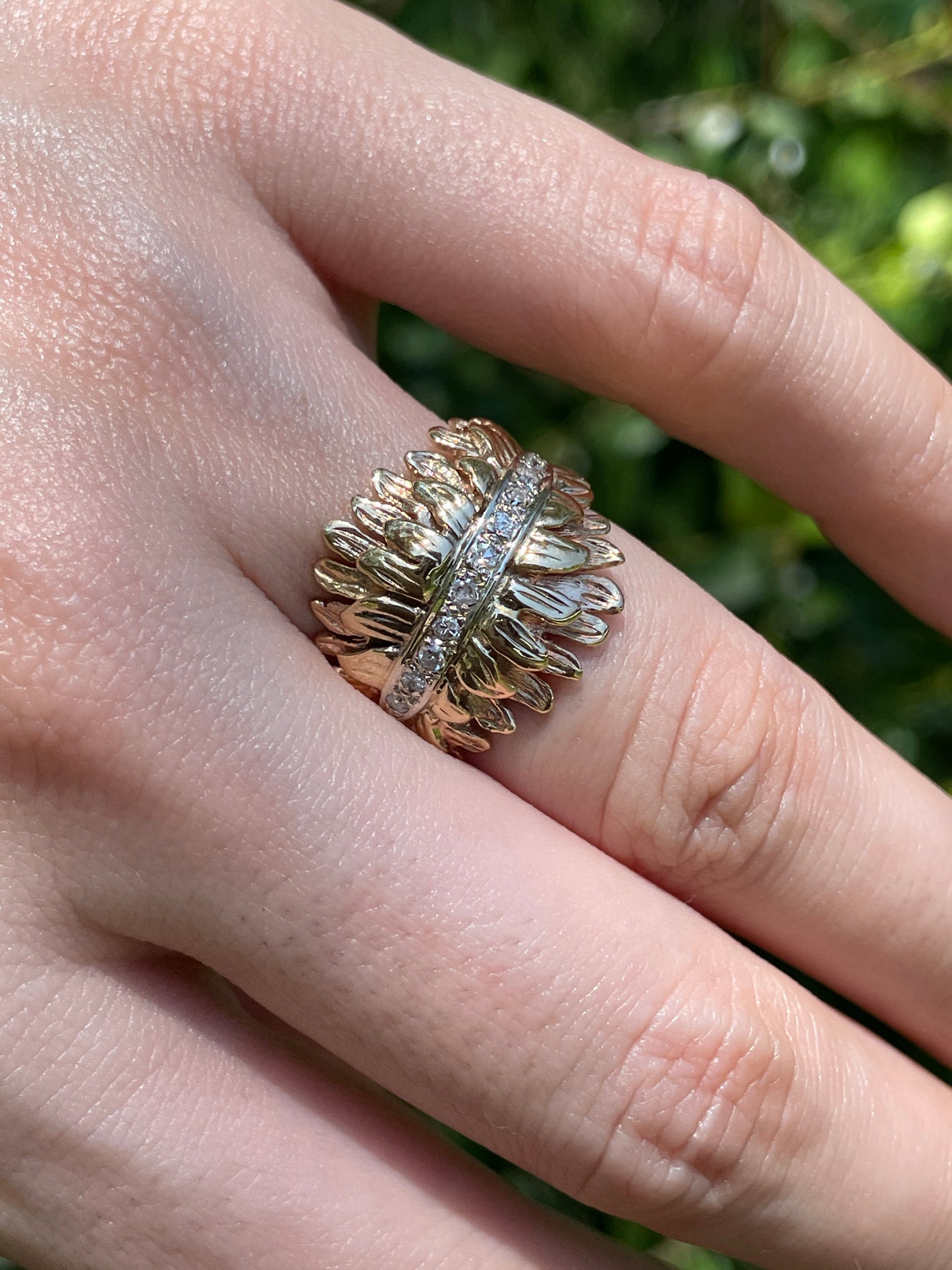 Vintage yellow and white 14K feathers motif ring with diamonds, size 5.5