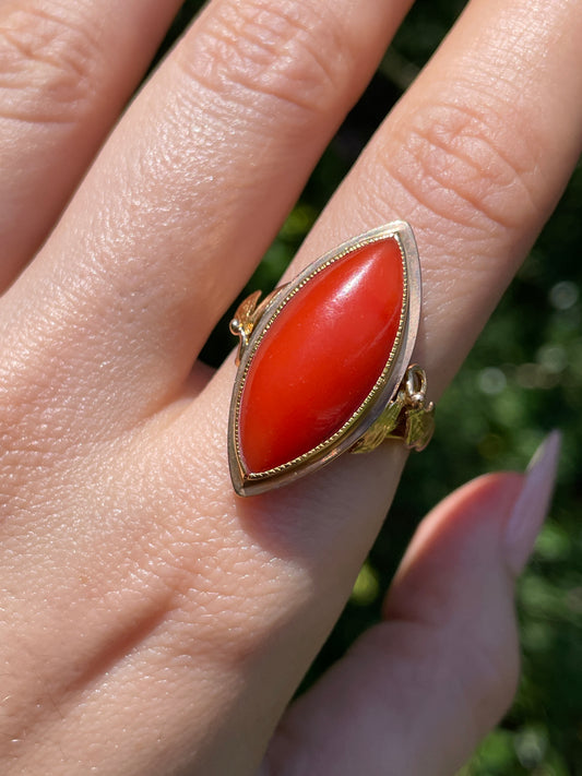 Vintage Yellow 14K natural coral marquise cabochon ring, Size 8.75