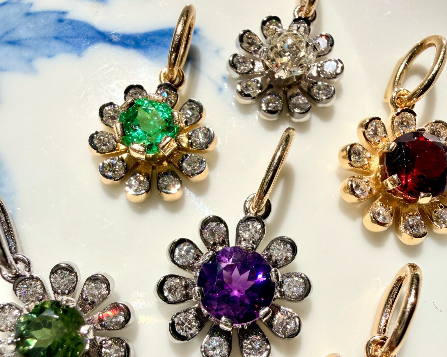 3GOG custom garden party flower gemstone and diamond pendants