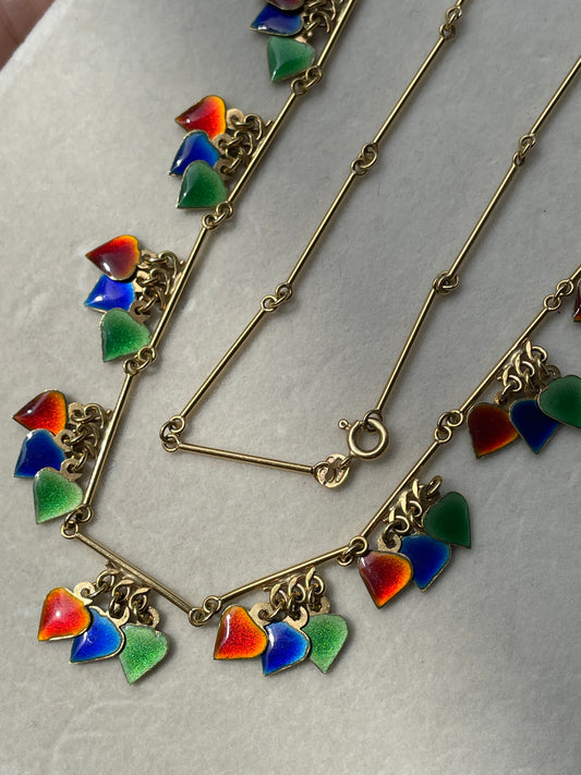 Vintage 18K colorful enamel hearts bar link chain, 28 inch