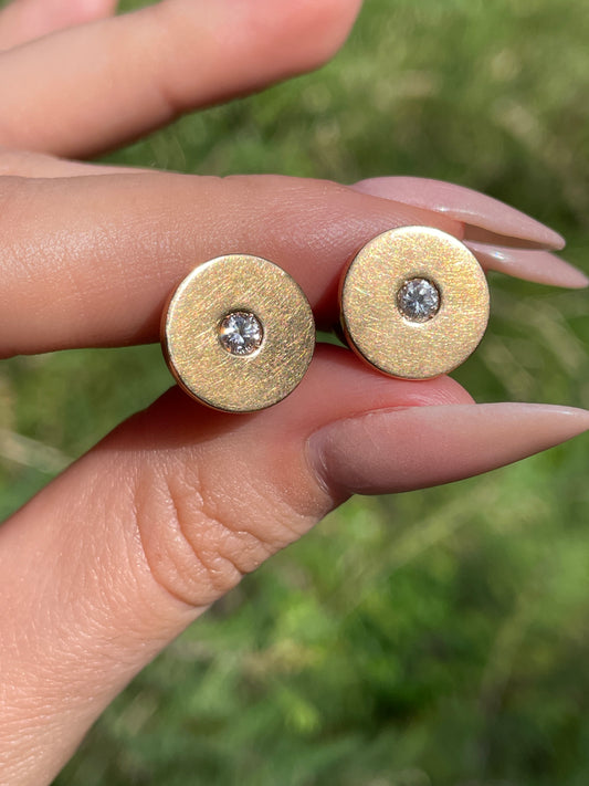 Vintage Bvlgari yellow 18K and diamond disc omega back earrings