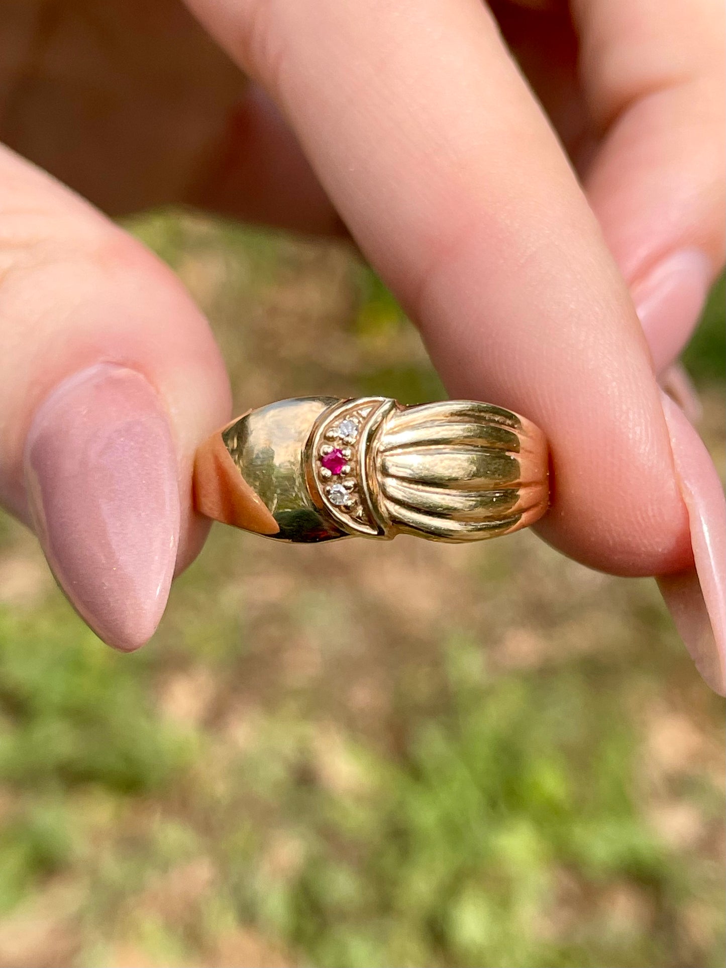 Vintage 10K Diamond and Ruby Mini Crescent Ring