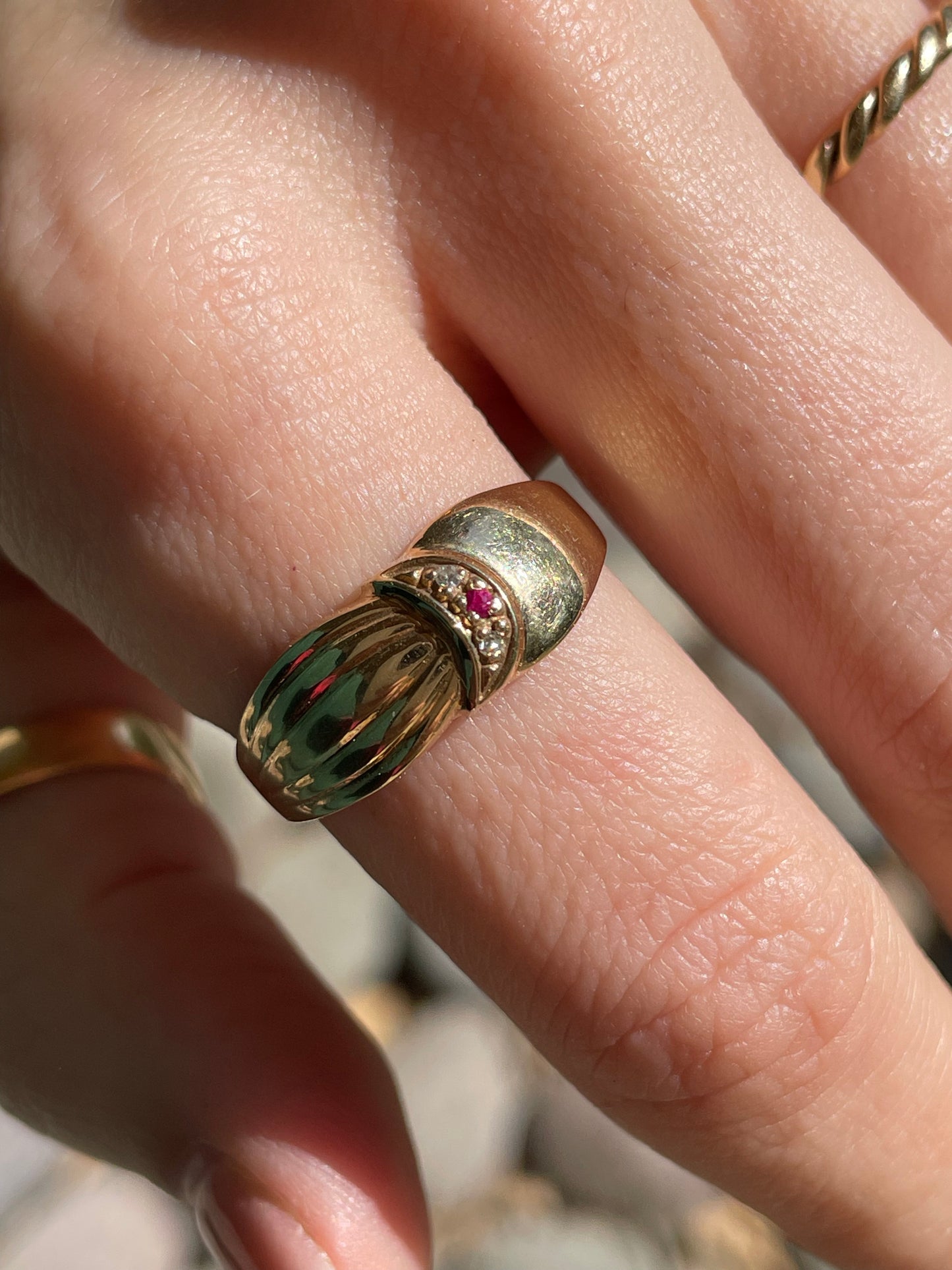 Vintage 10K Diamond and Ruby Mini Crescent Ring